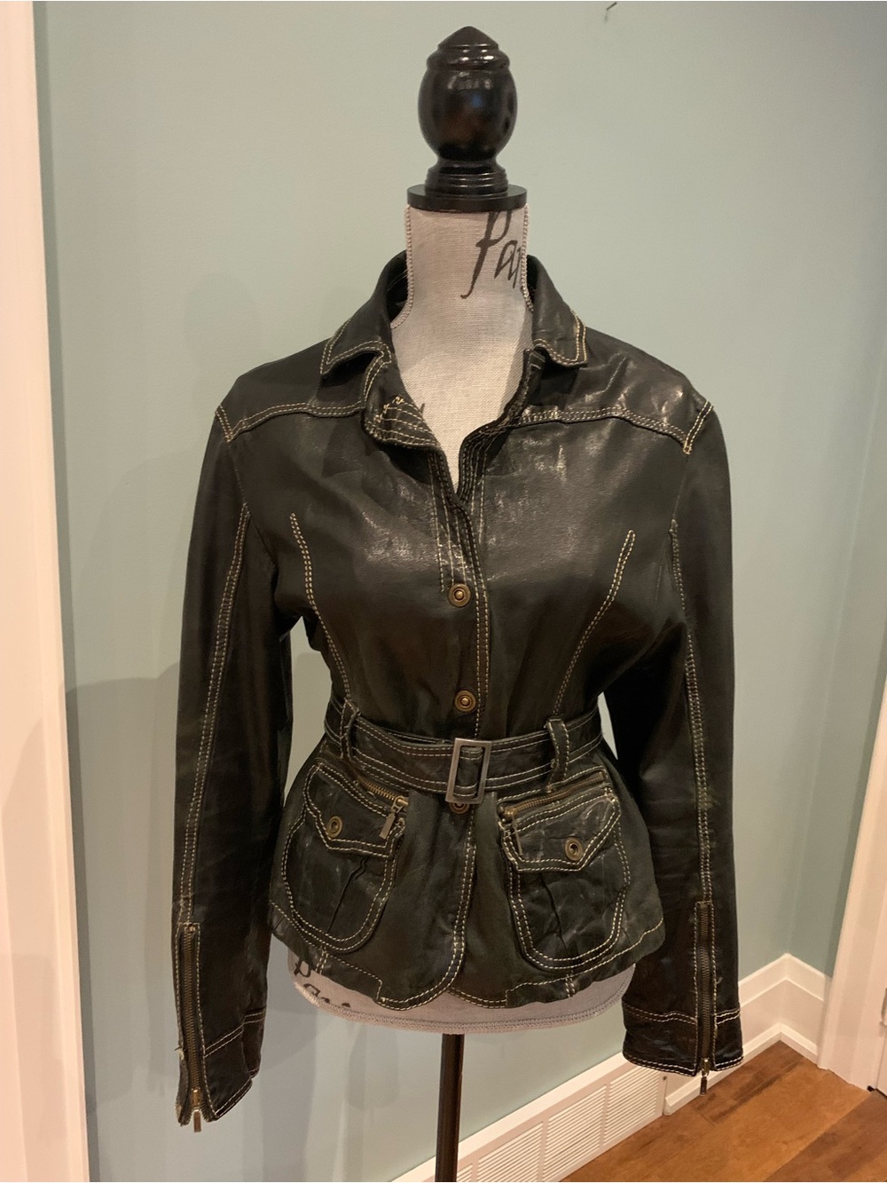 Womens Vintage Black Belted Leather Jacket with Contrast Stitching